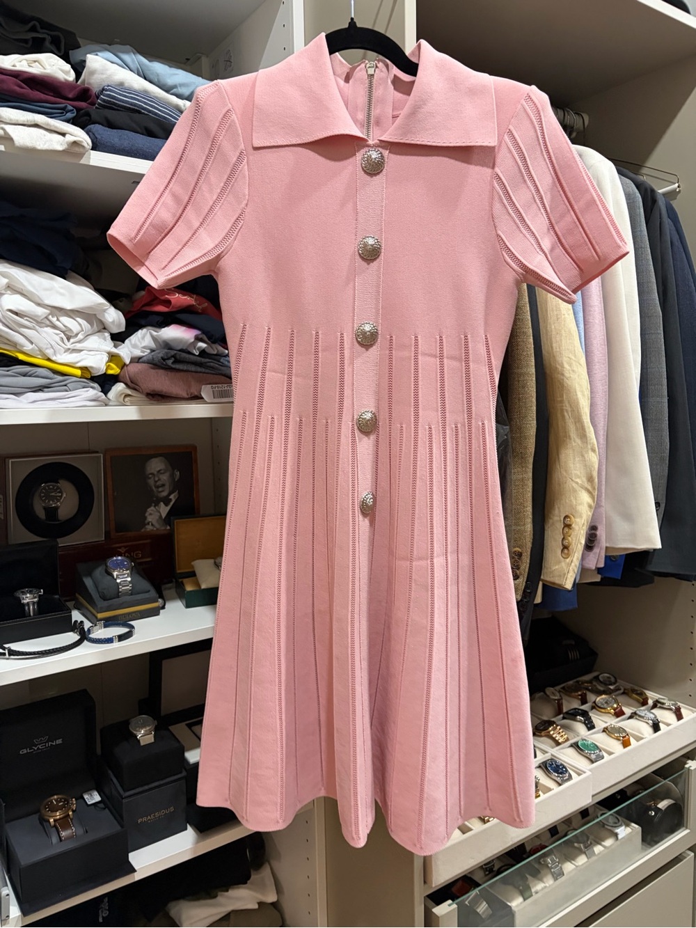 Balmain Pink Short-Sleeve Knit Button-Front Dress